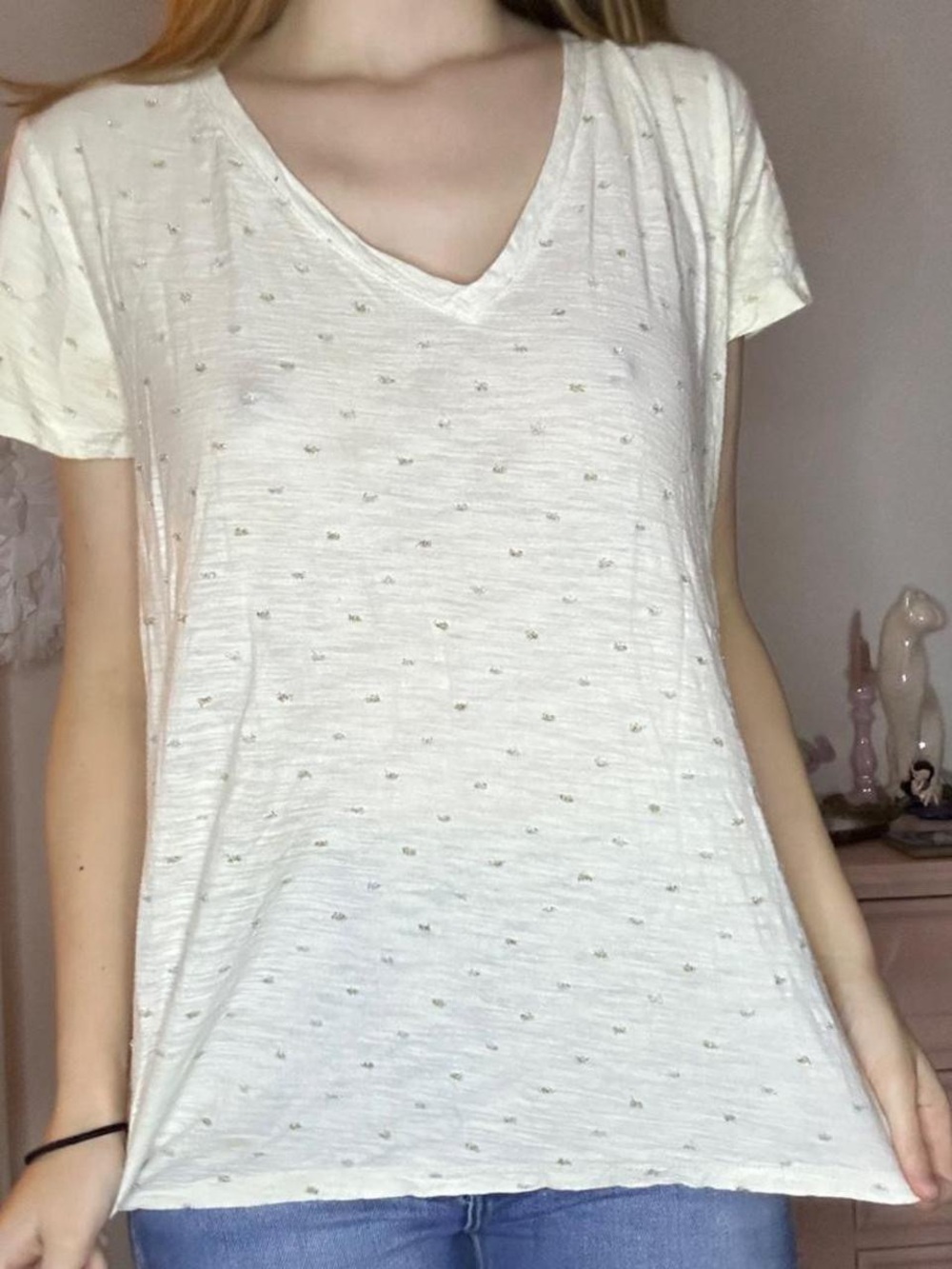 a new day Cream V‑Neck Short Sleeve Top with Metallic Dot Detail